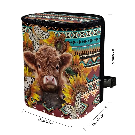 Biyejit Aztec Tribal Cow Leak-Proof Travel Car Trash Bag, Large Capacity Hanging Car Trash Can with Velcro Lid, Multipurpose Trash Bin with Storage Pockets for SUV Truck RV Camping