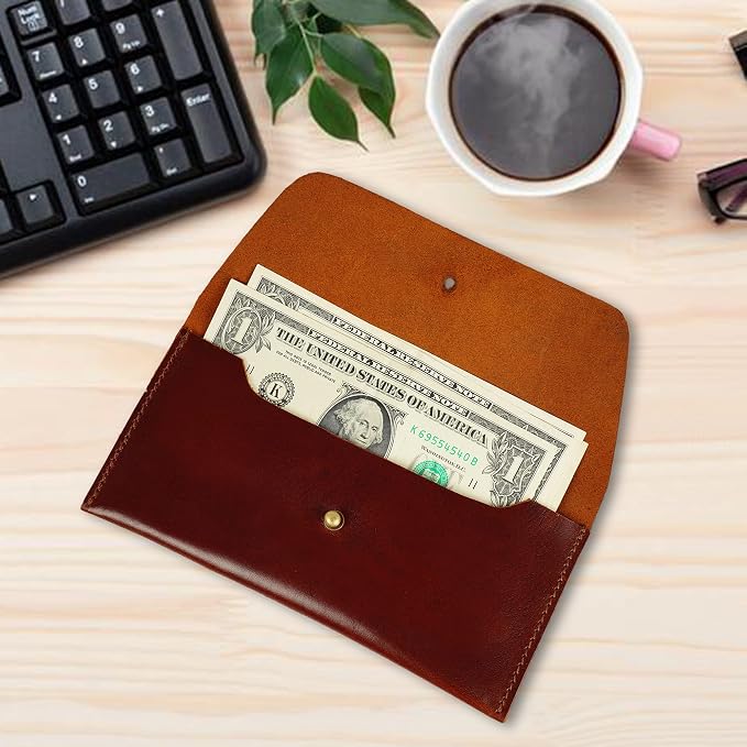 Leather Currency Pouch | Handmade Money Wallet | Large Flap Continental Wallet | Cash Organizer for Men & Women | Travel Currency Bag | Full Grain Leather Utility Pouch – Dark Wine