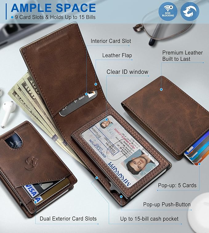 Wallet for Men, Slim Pop Up Card Holder with RFID Blocking, Minimalist Bifold Wallet with 9 Card Slots, ID Window and Cash Pocket, Metal Flip Case with Magnetic Closure, Gift Box