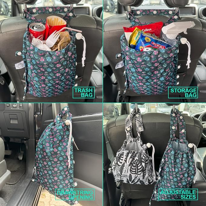 FLOCK THREE Leak-Proof Waterproof Car Trash Bag Foldable Multipurpose Trash bin Container Storage Cute Grocery Organizer Bag for Automotive Front or Back Seat in Cars SUVs and Trucks