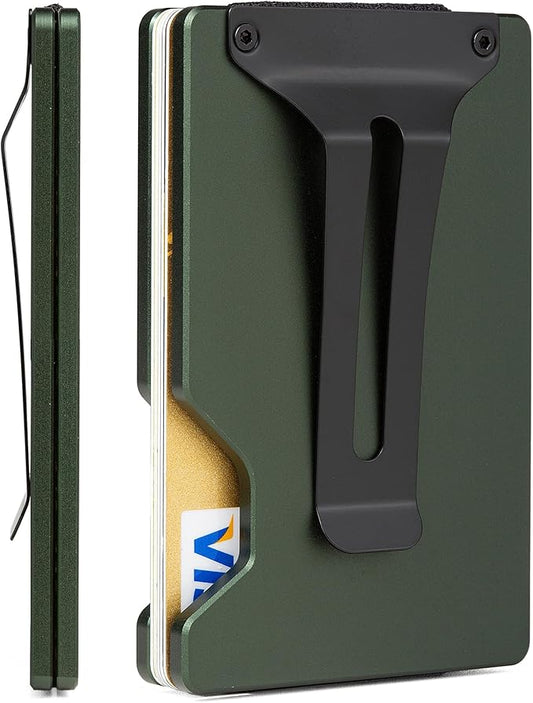 Slim Wallet for Men,RFID Blocking Minimalist Metal Wallet, Money Clip/Cash Holder, Front Pocket Aluminum Credit Card Holder, Ideal Gift for Men-Matte Green