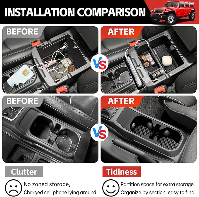 Center Console Organizer for 2018-2025 Jeep Wrangler JL JLU 4XE/Gladiator JT Hanging Center Console Armrest Box Cupholder Insert for Wrangler&Gladiator(Hanging+Armrest+Cupholder Organizer)