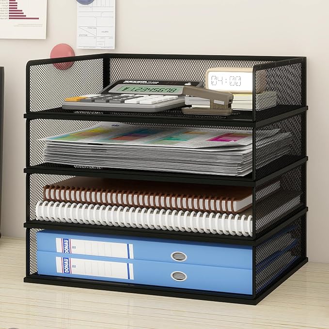 Natwind 4-Tier Stackable Metal Mesh Letter Paper Tray Organizer,Black | Desk Organizer For Paper,Document,Mail Tray For Office Supplies,File Holder For Home Office School Classroom Organization