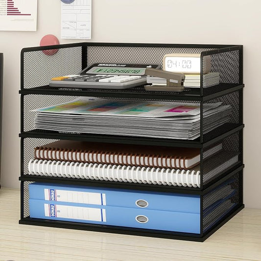 Natwind 4-Tier Stackable Metal Mesh Letter Paper Tray Organizer,Black | Desk Organizer For Paper,Document,Mail Tray For Office Supplies,File Holder For Home Office School Classroom Organization