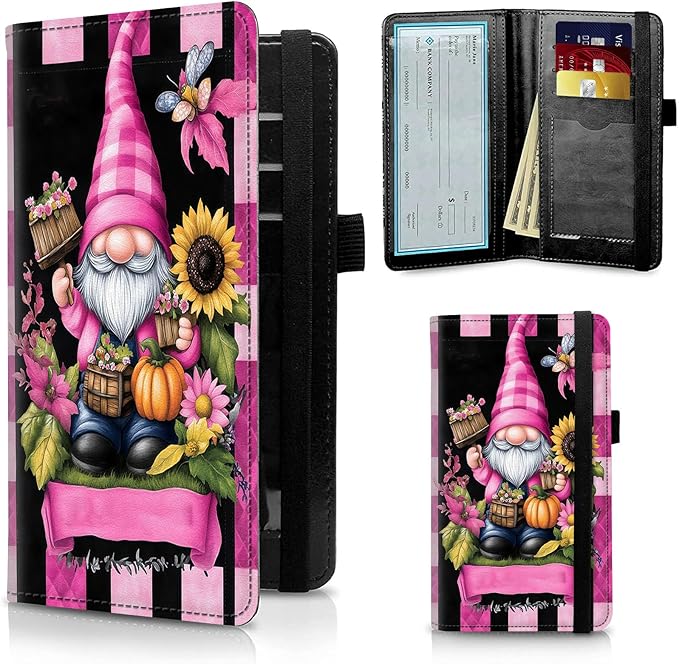 FUYOCWE Checkbook Covers for Personal Checkbook,RFID Blocking Leather Check Book Covers Wallet with Pen Holder & Card Slot for Women Men -Pink Gnome Halloween