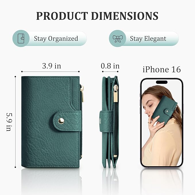 Airkit Small Women's Bifold Wallet, RFID Blocking Credit Card Holder with Zipper, Travel Cute Coin Pocket Wallet for Ladies, Teal