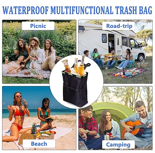 Ginsco 3.5 Gallons Large Capacity Hanging Car Trash Bag, Reusable Car Trash Can, Leakproof Car Garbage Bag, Foldable Waterproof Car Organizer Cooler with 4 Pockets for Camping Traveling