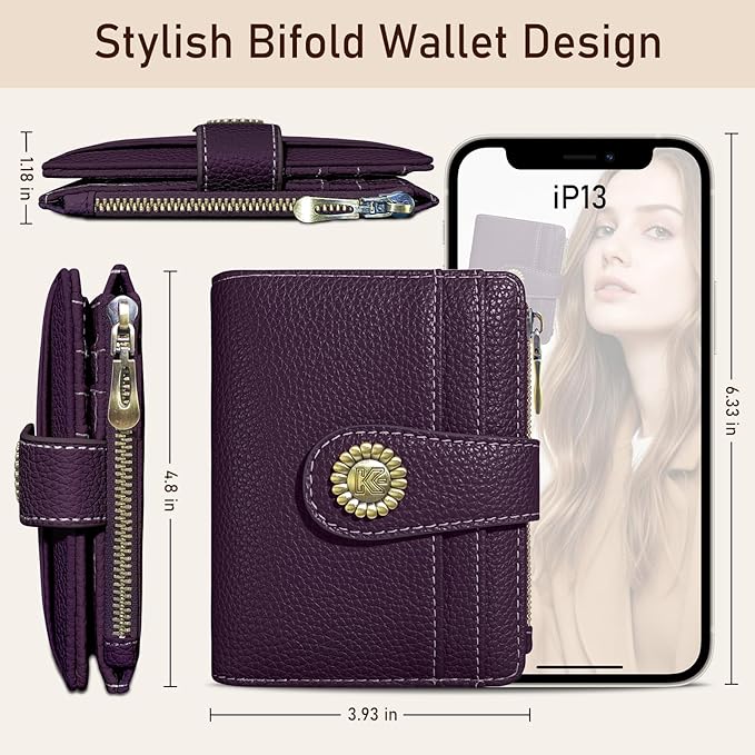 Kelvoris Small Rfid Women Wallet Bifold Zipper Coin Pocket PU Leather Compact Cash Credit Card Holder Travel Wallet for Female Ladies Teen Girls 1 ID Window 10 Card Slots