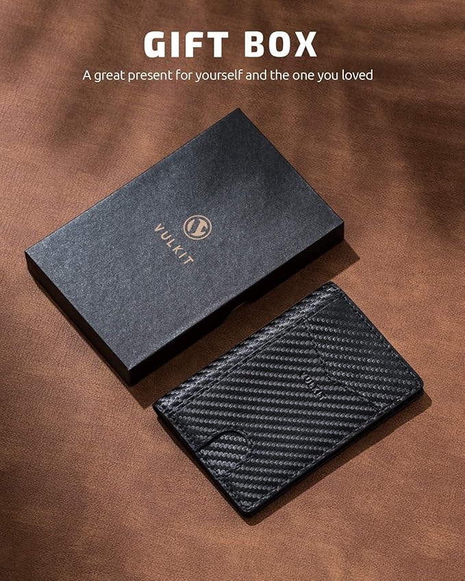 VULKIT Bifold Front Pocket Slim Wallet RFID Blocking Minimalist Thin Leather Credit Card Holder Wallet for Men and Women Carbon Fiber