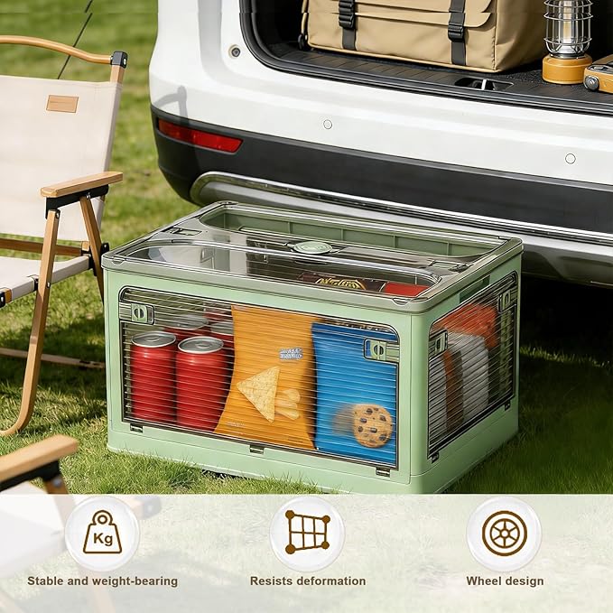 【5-Side Opening & 4 Rolling Casters】Storage Bins with Lids，Portable Foldable Storage Box ，Plastic Stackable Storage Bin for Snacks, Camping，Tools, Closet Organizer (Green)