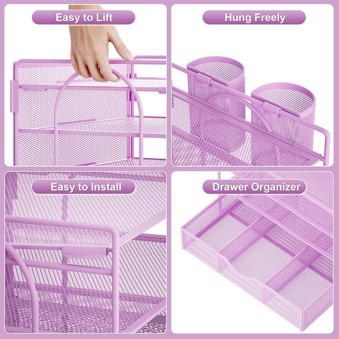 Marbrasse Desk Organizer and Accessories4-Tier Paper File Letter Tray Accessories & Workspace Desk Organizers with Drawer and 2 Pen Holders for School Home Office Supplies (Purple) 2Pack