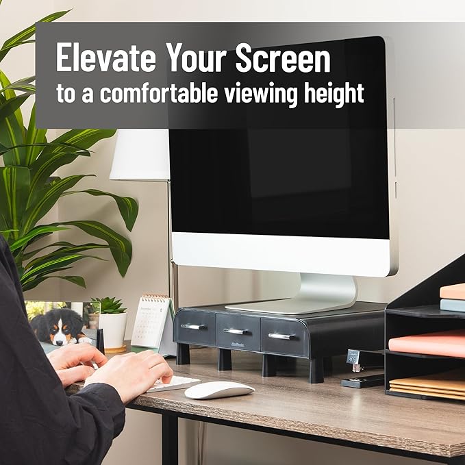 Mind Reader Monitor Stand, Laptop Riser, Desktop Organizer, Storage Drawer, Office, Plastic, 13.5"L x 13"W x 4"H, Black