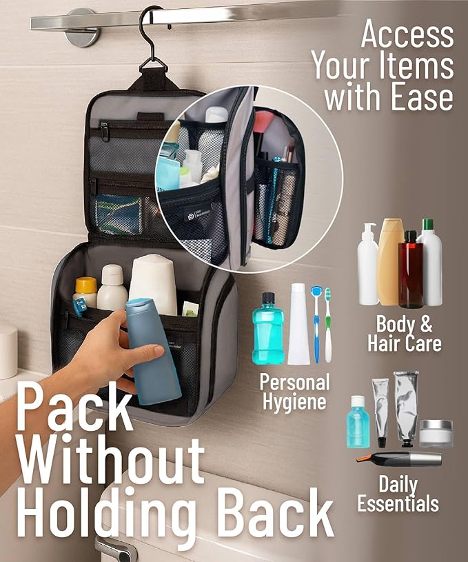 D&D Wanderlust D&D Hanging Travel Toiletry Bag for Men and Women – Cosmetics, Makeup and Toiletries Organizer Kit with 10 Compartments
