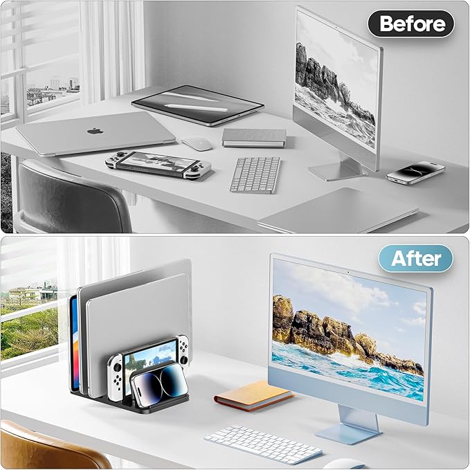 KDD 4-Slot Vertical Laptop Stand with Gravity Locking, 6-in-1 Laptop Holder Desktop Stand, Space-Saving Organizer Fits MacBook/Surface/HP/Dell/Book/Tablet/Switch/Cell Phone and Keyboard