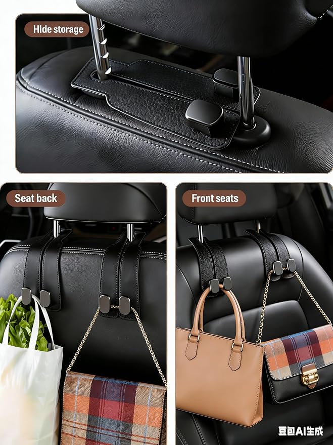 Car Seat Headrest Hooks for Purses and Bags, 4-Pack Heavy Duty Car Seat Hooks with Anti-Slip Pad, Universal Car Backseat Organizer Hanger Accessories for Grocery Bags (Black)