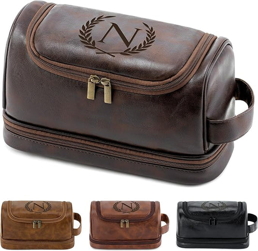 Personalized Gifts Travel Toiletry Bag for Men, Engraved Initial PU Leather Waterproof Shaving Bag, Groomsmen Present Christmas Birthday Gifts for Men Dad Husband Son Boyfriend, Dark Brown N