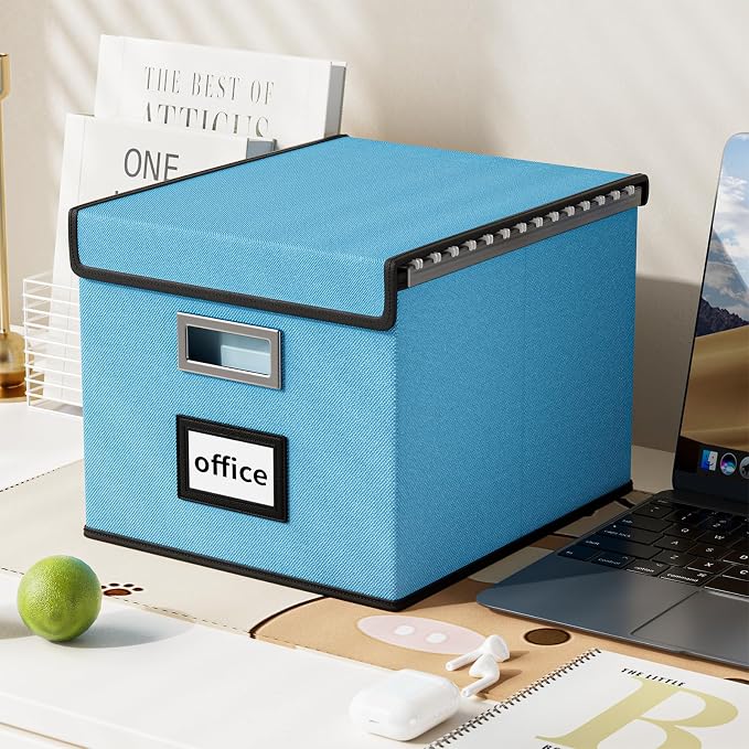 File Organizer Box with Lid, Collapsible File Folder Organizer for Office Document Storage, Filing Box with Plastic Slide for Letter Size Hanging File Folders(1 Pack, Sky-blue)