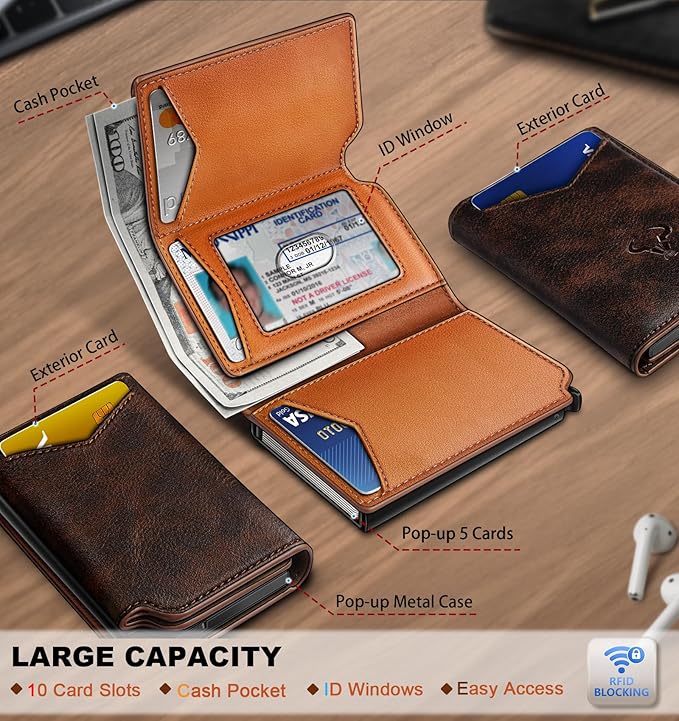 BULLIANT Men Wallet Leather Wallet Card Holders Money Clip for Men 10Cards-Magnetic Flip on Metal Case