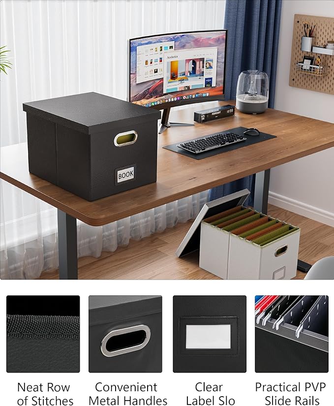 Oterri File Organizer Box with Lid - Portable Hanging File Box for Letter/Legal Files, Office/Decor/Home, 1 Pack, Black Leather