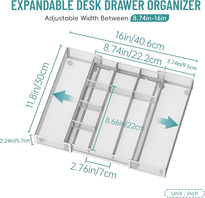 Expandable Desk Drawer Organizer Tray with 10 Adjustable Compartments, Metal Mesh Office Drawer Organizer, Versatile Desk Organizer for Home, School Supplies, Makeup Vanity & Jewelry (White)