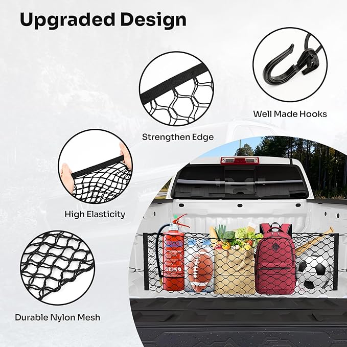 Canvcle Trunk Cargo Net for 2023-2025 2026 Chevy Colorado &GMC Canyon Accessories Envelope Style Mesh Trunk Net Organizer and Storage Stretchable Adjustable Elastic Nylon Rear Cargo Netting with Hooks