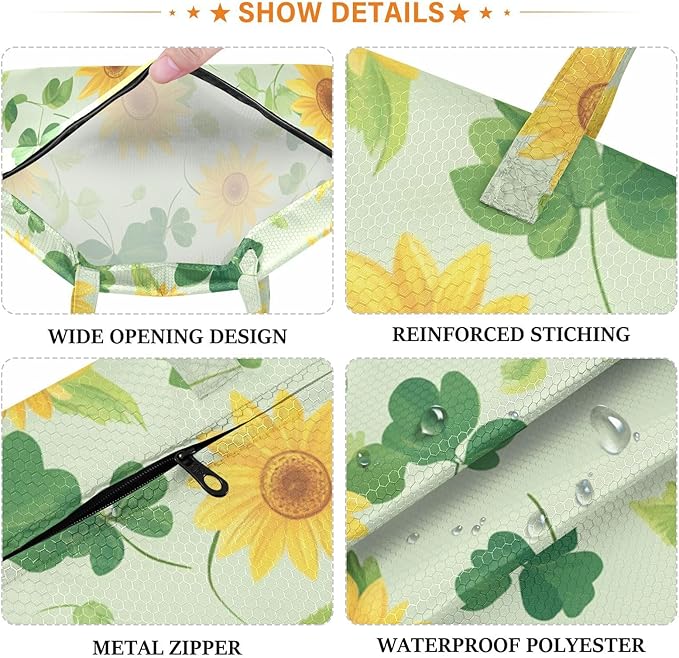 Travel Laundry Bags 2 PC Wet Dry Bag with Handle Dirty Clothes Organizer for Swimsuits Beach Camping Waterproof Washable Green Sunflowers and Clover
