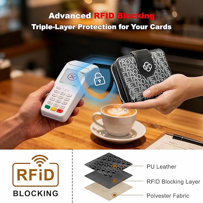 Credit Card Wallets for Women, Leather Cardholder with Zipper Around, Small Rfid Ladies Wallet, Accordion Compact Bifold Purse for Travel, 19 Card Slots, ID Window, Cash Organizer - Black