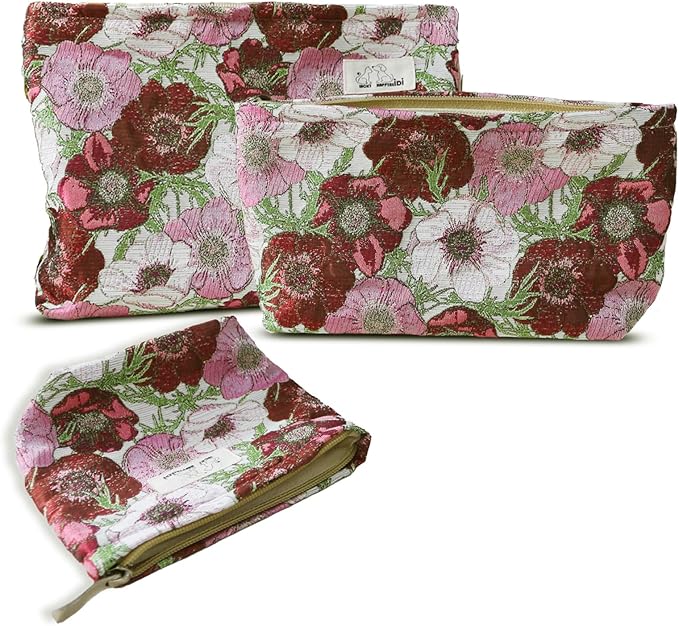HAPPYHEIDI Makeup Bag Set 3 Cosmetic Toiletry Organizer Zipper Pouch for Purse Tote, Women Girls Gift, Large Medium Small, Red Floral Jacquard Polyester