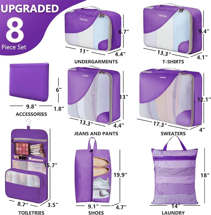 8 Set Packing Cubes for Travel, Gifts for Women Mom,Anti-Tearing Suitcase Organizer,OlarHike Vacation Essentials & Accessories for Cruise Ship