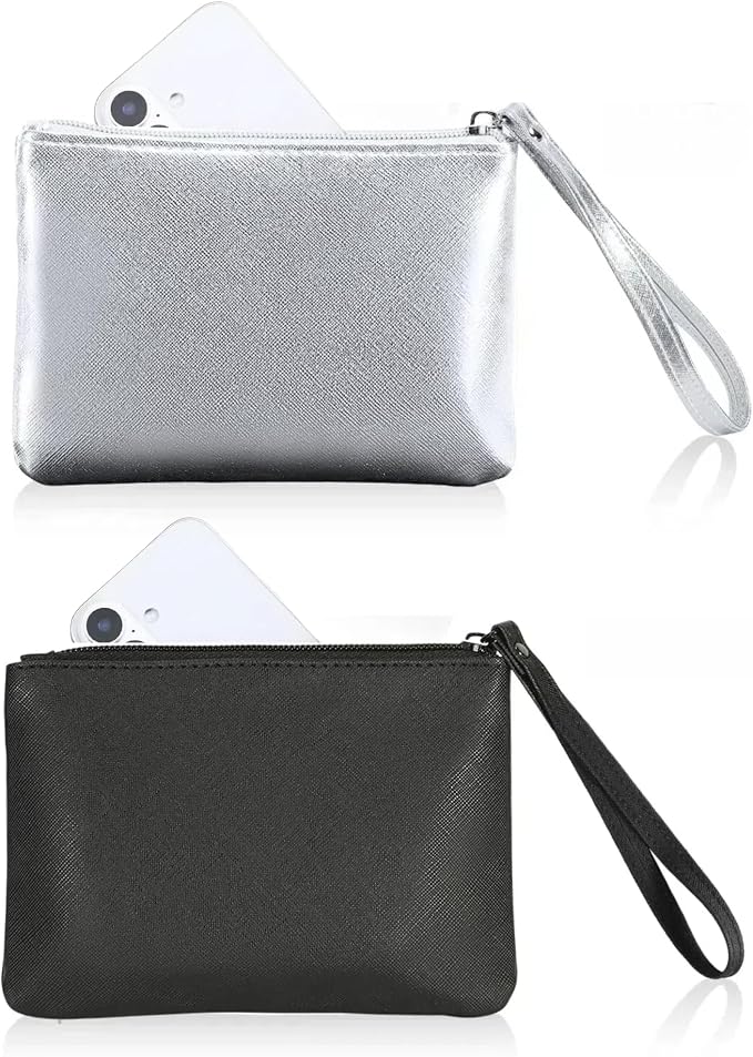 2 Pack Small Zipper Pouch Mini Makeup Bag for Purse Lipstick Cosmetic Travel Make Up Organizer for Women Essentials Feminine Products, Car Change Coin Holder 8x5 Phone Wristlet Wallet, Black, Silver
