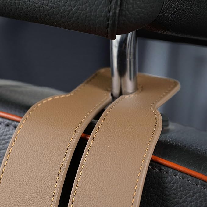 Jayanes Genuine Leather Car Purse Hook - Flexible Car Seat Back Storage Hook for Purses and Bags, Universal Headrest Hooks for Car, Upgraded Car Purse Holder Hanger for Head Rest (Beige-1 Pack)