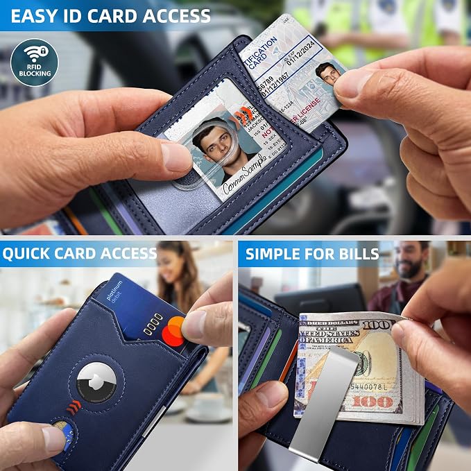 miyozi Airtag Wallet for Men,with Money Clip 11 Cards Slim Front Pocket Leather RFID Blocking Wallet with Gift Box
