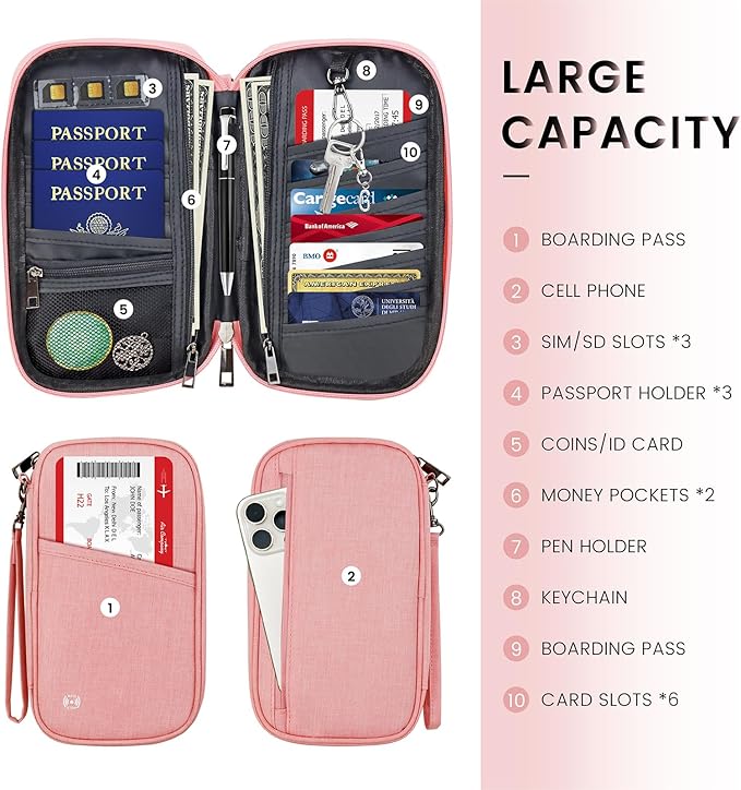 Passport Holder Family, Travel Document Organizer with RFID, Portable Passport Cover Case with Zipper for Cards, Boarding Pass, ID, Money, Tickets (Pink)