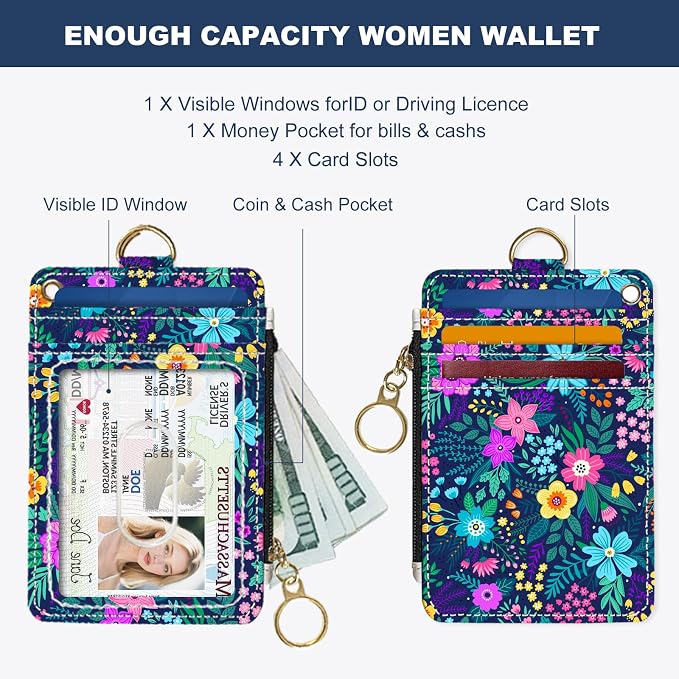 Slim Wallet Credit Card Holder, Purple Floral Print X, RFID Wallet Women Cute Small Front Pocket Wallet With Zipper, PU Leather Thin travel RFID Blocking Card Case ID Window,Ladies Gifts
