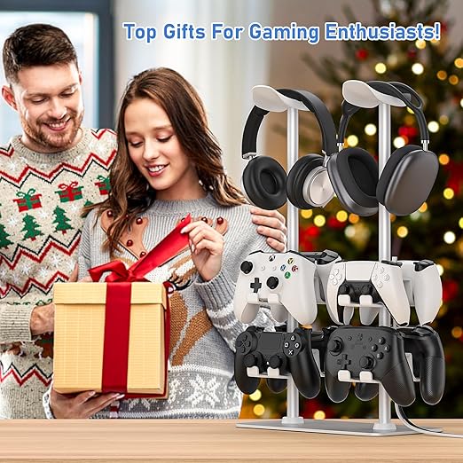 MANMUVIMO Headset Controller Stand for 2 Headset and 8 Controller, Headphone Stand Gaming Controller Holder for PS5 Xbox Airpods Beats Bose, Gaming Room Accessories, Gamer Gifts for Men (White)
