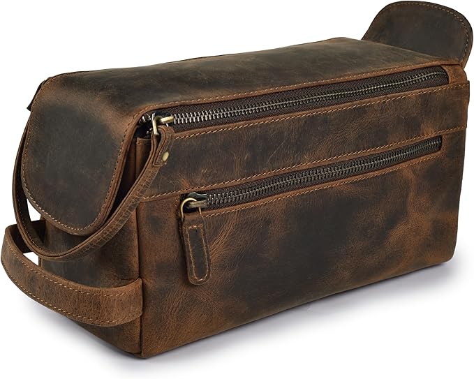 LEATHER VILLAGE Genuine Leather Travel Toiletry Bag - Water-Resistant Dopp Kit for Toiletries, Large Shaving Bag & Bathroom Organizer - Gift for Men & Women - Rustic Brown