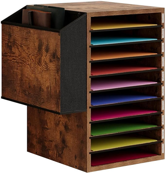 Unionly Office Mail Sorter, Wooden Paper Organizer with Storage Bag, 10 Tier Adjustable Classroom Mailbox, Removable Classroom Organization, Teacher Desk Organization for Office, Study, Brown