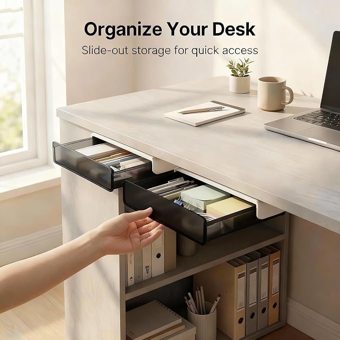 OSPNIEEK Self-adhesive Under Desk Drawer Organizer, 2 Pack Table Hidden Slide Out Large Storage Mounted Desktop Pencil Holder Tray Drawers for Office Home School Stationery Kitchen (Large, Black)