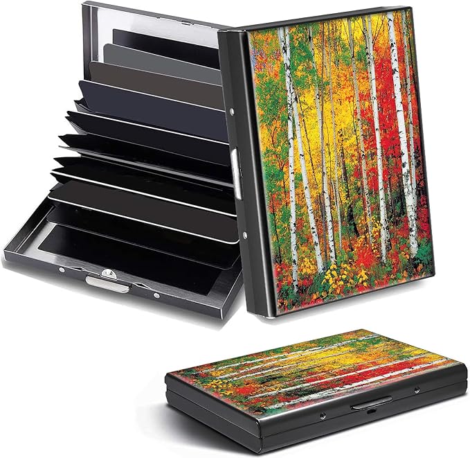 Credit Card Holder Autumn Forest Design Mini RFID Blocking Aluminum Wallet Slim Metal Hard Cover Shell Travel Wallet ID Cases Small Credit Cards Case Business Cards for Women Men Girls