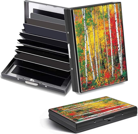 Credit Card Holder Autumn Forest Design Mini RFID Blocking Aluminum Wallet Slim Metal Hard Cover Shell Travel Wallet ID Cases Small Credit Cards Case Business Cards for Women Men Girls