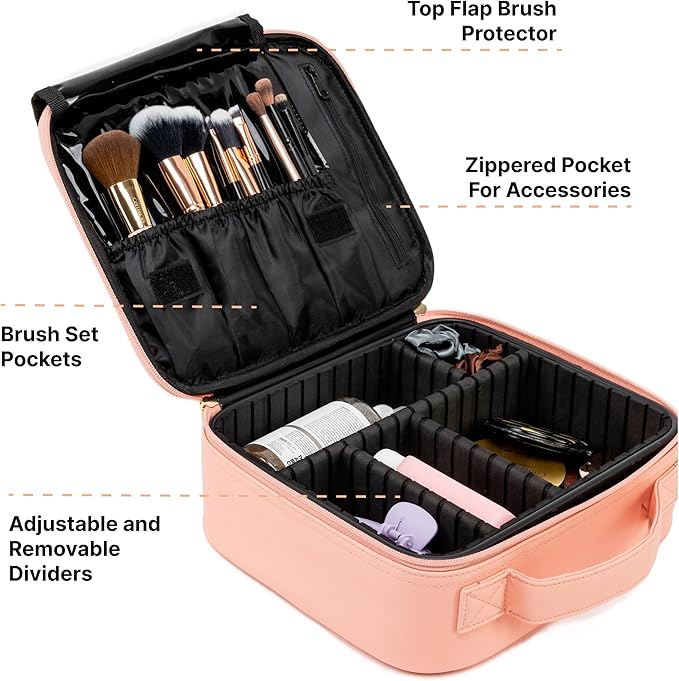 Makeup Bag Travel Case, Not-Made In China, Hard Train Case for Cosmetics, Portable Beauty Artists Organizer, Cosmetic Storage Box With Adjustable Dividers For Make Up and Brushes, Small Pink