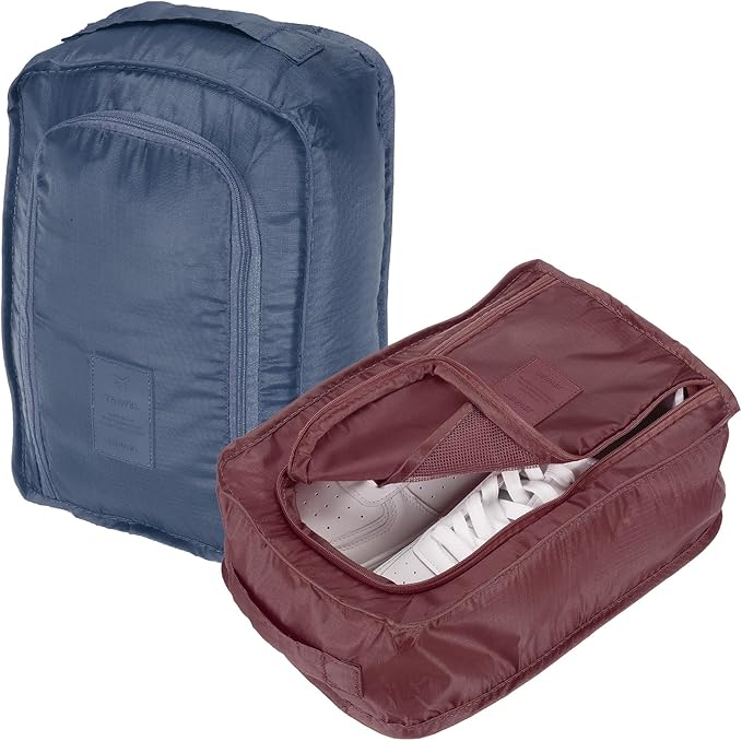 Foldable Travel Shoe Bag, Waterproof Shoe Pouches Organizer with Handle Travel Packing Cubes -Fitting for Storing (Sneakers/Sandals/Fitness Shoes) 2 Pcs & Dark Red/Navy Blue