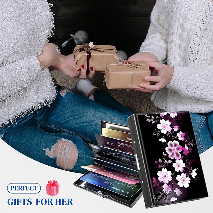 RFID Blocking Credit Card Holder - Slim Metal Wallet for Women & Men,Pink White Flowers Design Stainless Steel Business Card Case,Compact Pocket Organizer for Travel & Daily Use