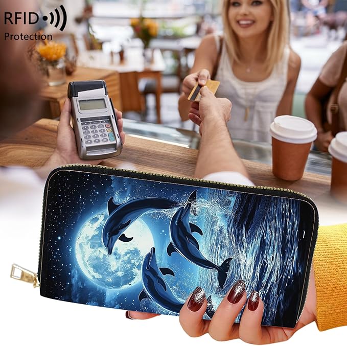 Womens Wallet,RFID Blocking Large Capacity Clutch,Zip Around Leather Purse with 8 Card Slots,Bill Compartments Coin Pocket - Cute Dolphin