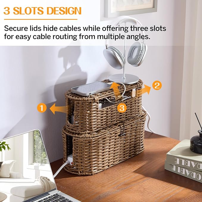 FairyHaus Cable Management Box 2Pack Brown, Handwoven Large and Small Cable Organizer Box Cover to Hide Cords and Power Strip, Imitation Wicker Cord Organizer Box Hider for Office Desk and Floor