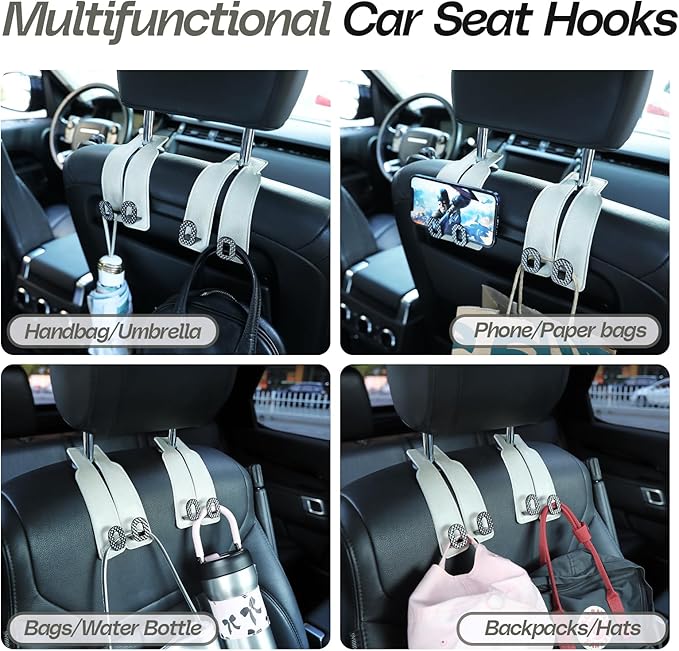 Car Headrest Hooks Universal Car Purse Hook Premium Leather and Alloy Twin Hook Car Seat Back Storage Hanger Hook for Purse Bags Cloth Drink Durable Holder Car Accessories (BH09-White-Black)