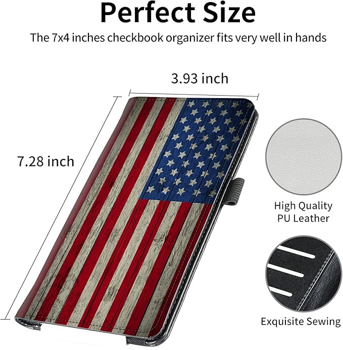 FUYOCWE Leather Checkbook Covers for Men Women Check book Holder Cover Wallets for Personal Checkbook Duplicate Checks with RFID Blocking & Elastic Strap-Retro American Flag