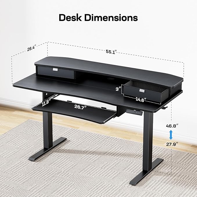 HUANUO 55" x 26" Electric Standing Desk with 2 Drawers & 26.7" Large Keyboard Tray, C-Clamp Mount Compatible, Adjustable Computer Desk for Home Office, Stand Up Desk with 4 Height Presets, Black