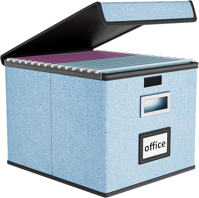 File Organizer Box with Lid, Collapsible File Folder Organizer for Office Document Storage, Filing Box with Plastic Slide for Letter Size Hanging File Folders(1 Pack, Powderblue)