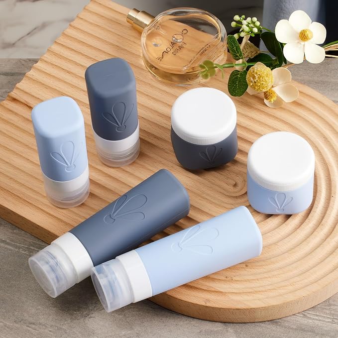 INSFIT travel bottles for toiletries 6 Pack, Leak proof Travel Size Toiletries Containers with toiletry bag, Squeezable Silicone Bottles & Cream Jars, Travel Essentials BPA-Free set for Shampoo